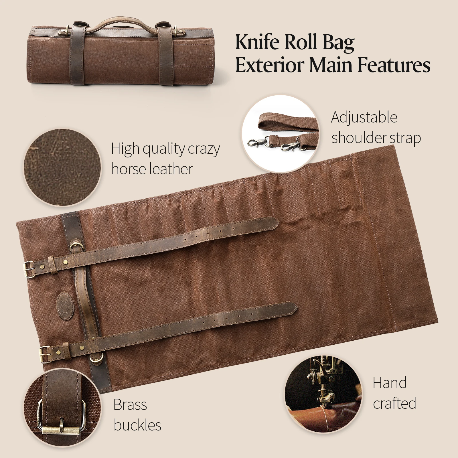 XINZUO Knife Storage Roll Bag Thickened Canvas Full Grain Oiled Leather Portable Rollable Tote Bag Waterproof and Wear-resistant