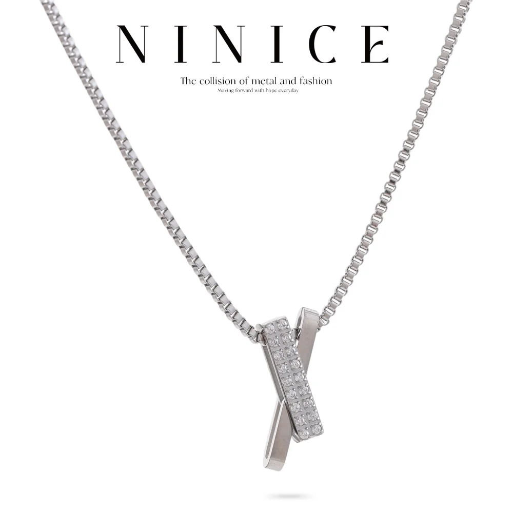 NiNice Necklaces for Women Stainless Steel X-Shaped Cube Zirconia Pendant Exquisite Waterproof Simple Jewelry Gift New