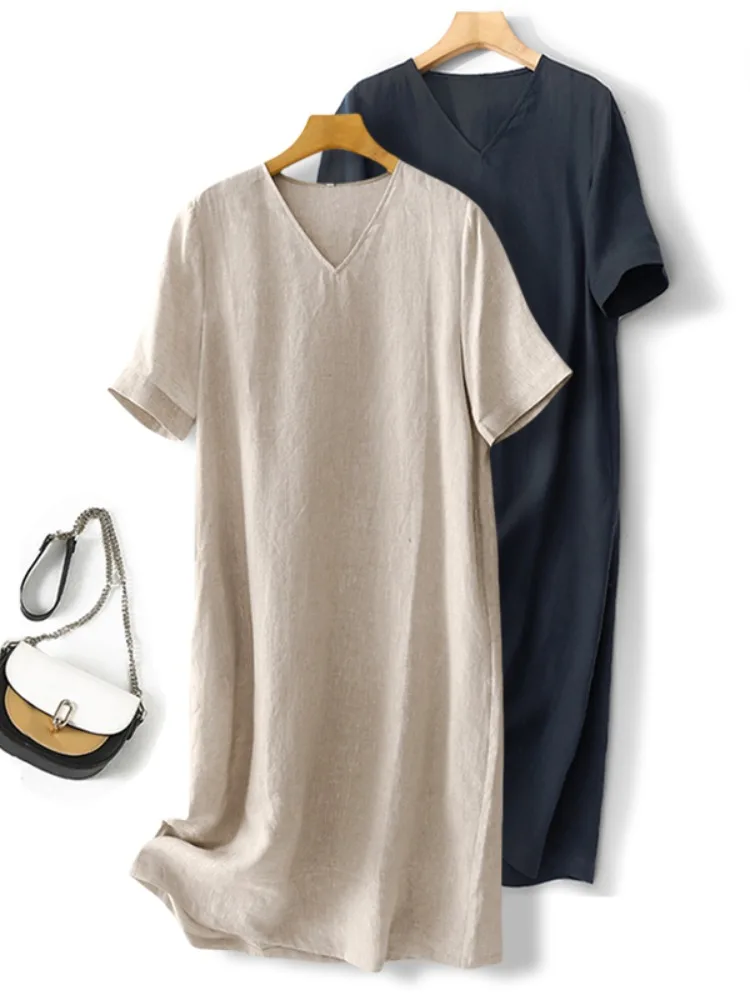 

Хлопково-льняное платье миди с V-образным вырезом, однотонное, свободного кроя, больших размеров, для женщин, летнее, повседневное, для работы и отдыха
