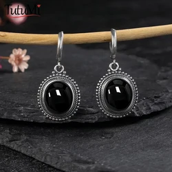 925 Sterling Silver Earrings Vintage Oval Kyanite Women's Gemstone Fine Jewelry Party Engagement Gift Hoop Earrings
