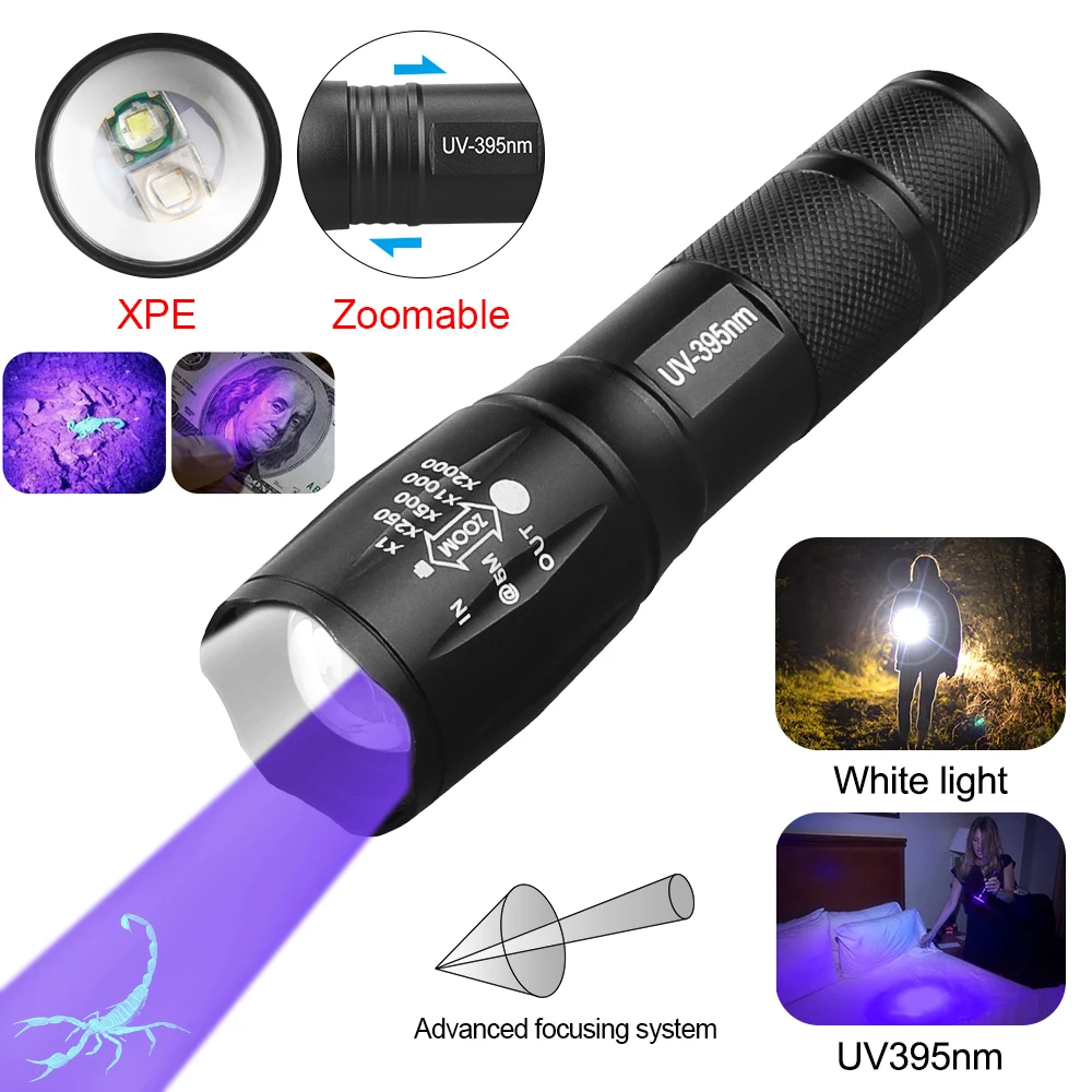 

2 in 1 White UV 395nm Purple LED Flashlight Zoom Ultraviolet Inspection Lamp USB Charging Torch Pet Urine Scorpion Detector