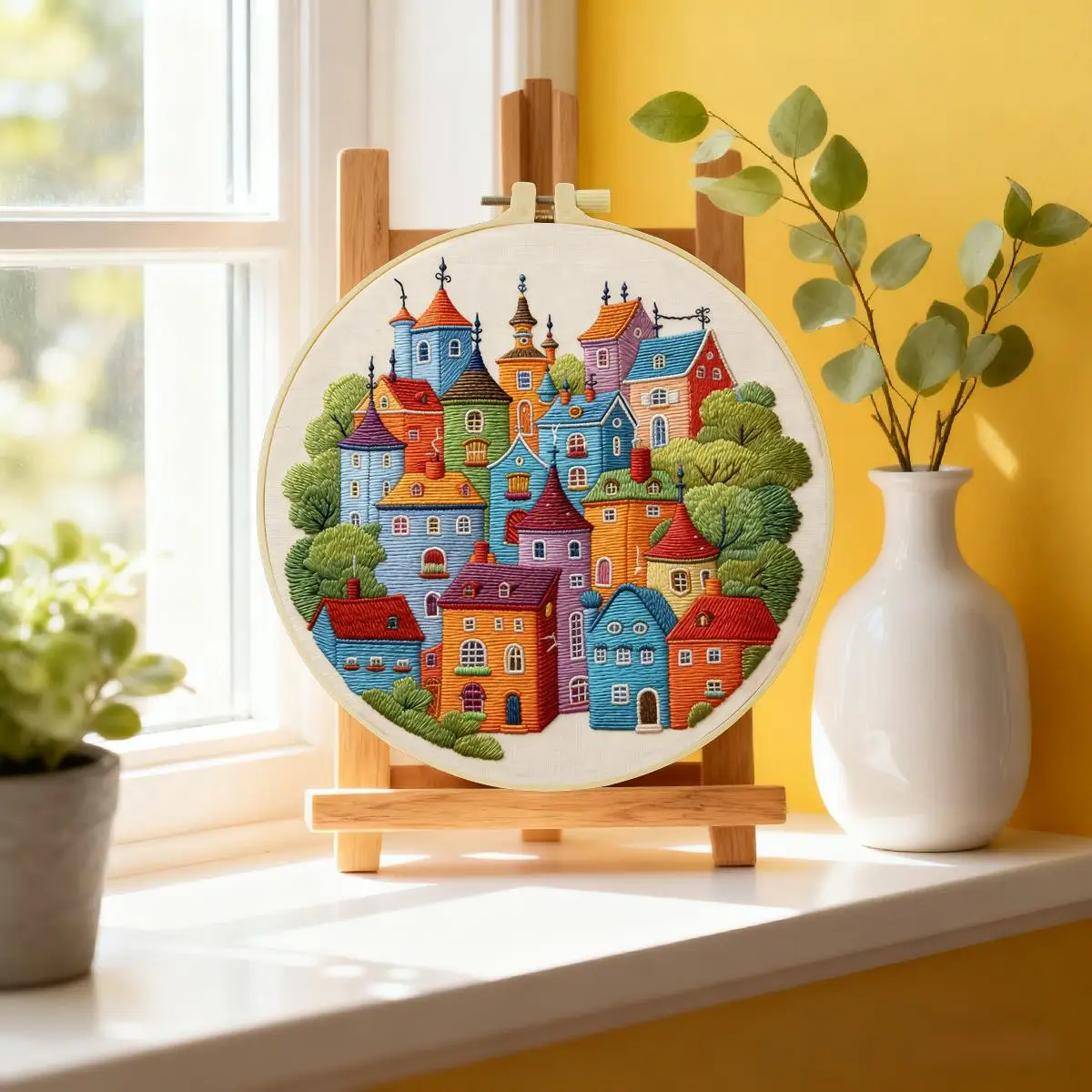 1 Stück 20X20CM/15X15CM 7,87/6,3 Zoll Buntes Haus Stickerei Starter-Kit DIY-Kit DIY-Stickerei-Set Handarbeiten Nähkunst – Detail 4