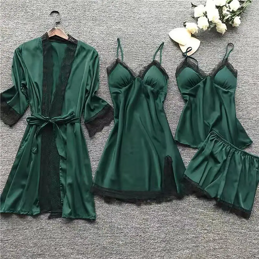 4 Pcs Lace Pajama Sets Women Lace Splicing Pajama Set Strap Sleeveless Sexy Sleepwear Short Lingerie Set Elegant Women Nightwear