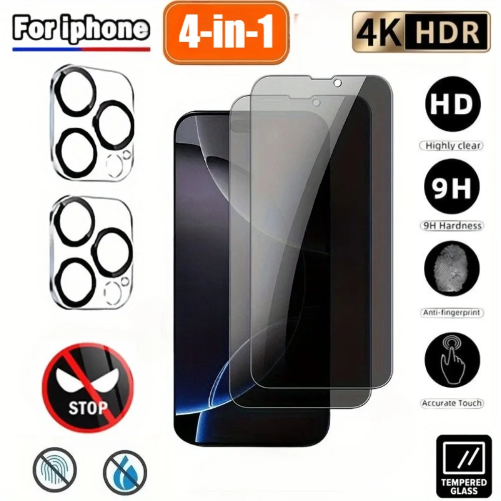 

4-in-1 Anti Spy Tempered Glass Film for iPhone 16 13 15 Pro Max 16e Camera Lens Protector for iPhone 12 14 12 Pro 14 15 16 Plus