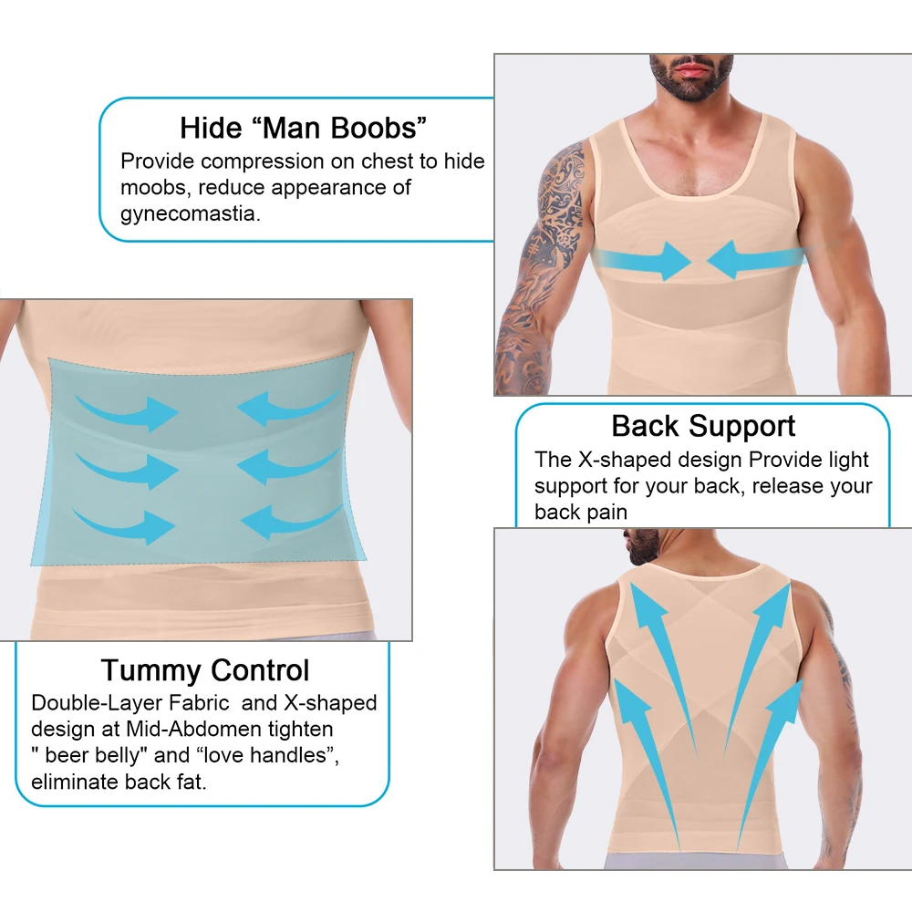 Men's Slim Waist Shaper Vest Abdomen Cross Sleeveless Top Black M-3XL Nylon Breathable Sportswear Fitness Cross Ergonomic Nude