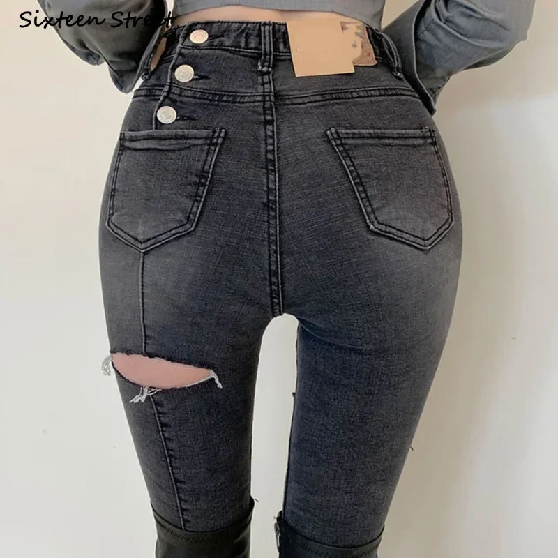 High Waist Ripped Jeans Women Streetwear Gray Vintage Hole Stretch Pencil Pants Women Denim Mom Korean Style Y2k Jeans