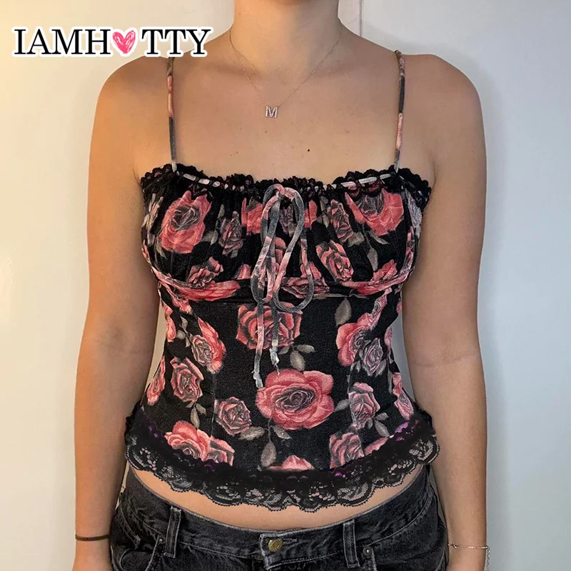 

IAMHOTTY Floral Print Cami Vintage Contrast Color Lace Patchwork Crop Tops Coquette Aesthetic Sleeveless Tops Sexy Ladies Corset