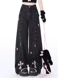 Women Clothing Black Gothic Jeans 90s Aesthetic Y2k Oversize Denim Trousers Vintage Harajuku Korean Emo 2000s Trashy Jean Pants