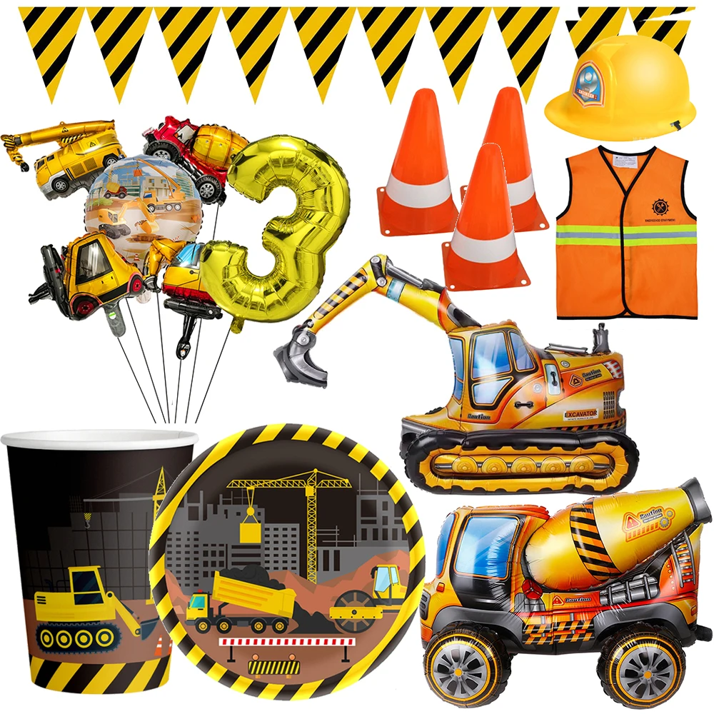 Excavator Vehicle Gold Black Digital Balloon Set For Boys Dump Truck Engineering Kids Construction Theme Birthday Party Supplies