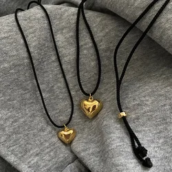 Long Rope Metal Love Heart Pendant Necklace for Female Korean Retro Simple Jewelry Accessories for Women