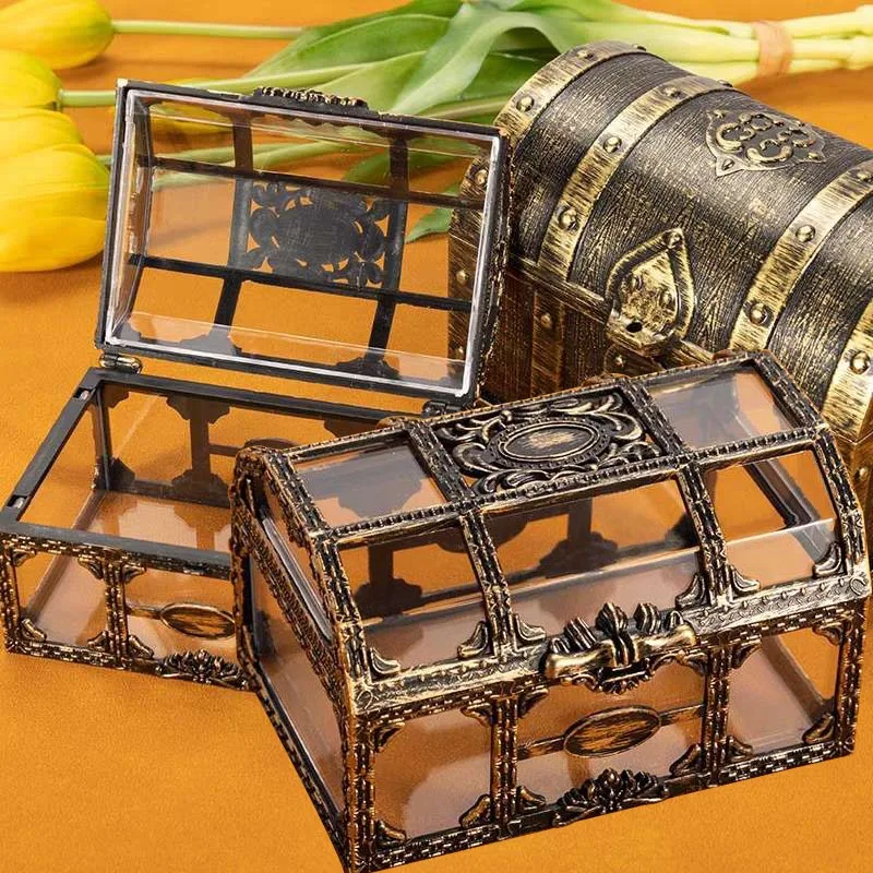 Vintage Pirate Gold Coin Box Retro Transparent Pirate Treasure Chest Crystal Gem Jewelry Case Storage Organizer Trinket Keepsake