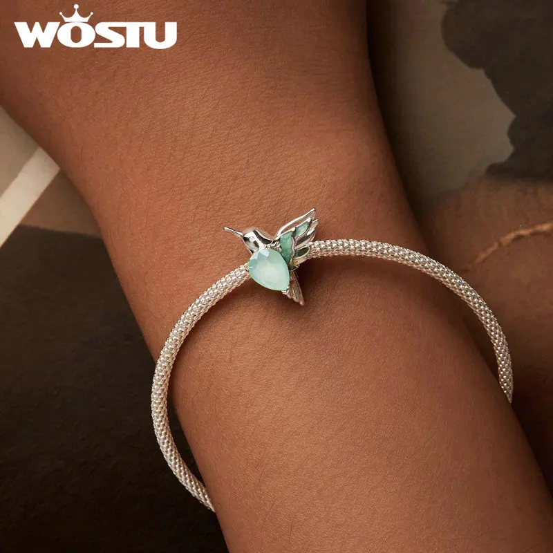 WOSTU 925 Sterling Silver Hummingbird Charm Green Dragonfly Pendant Blue Butterfly Bead fit DIY Bracelet Necklace Spring Jewelry