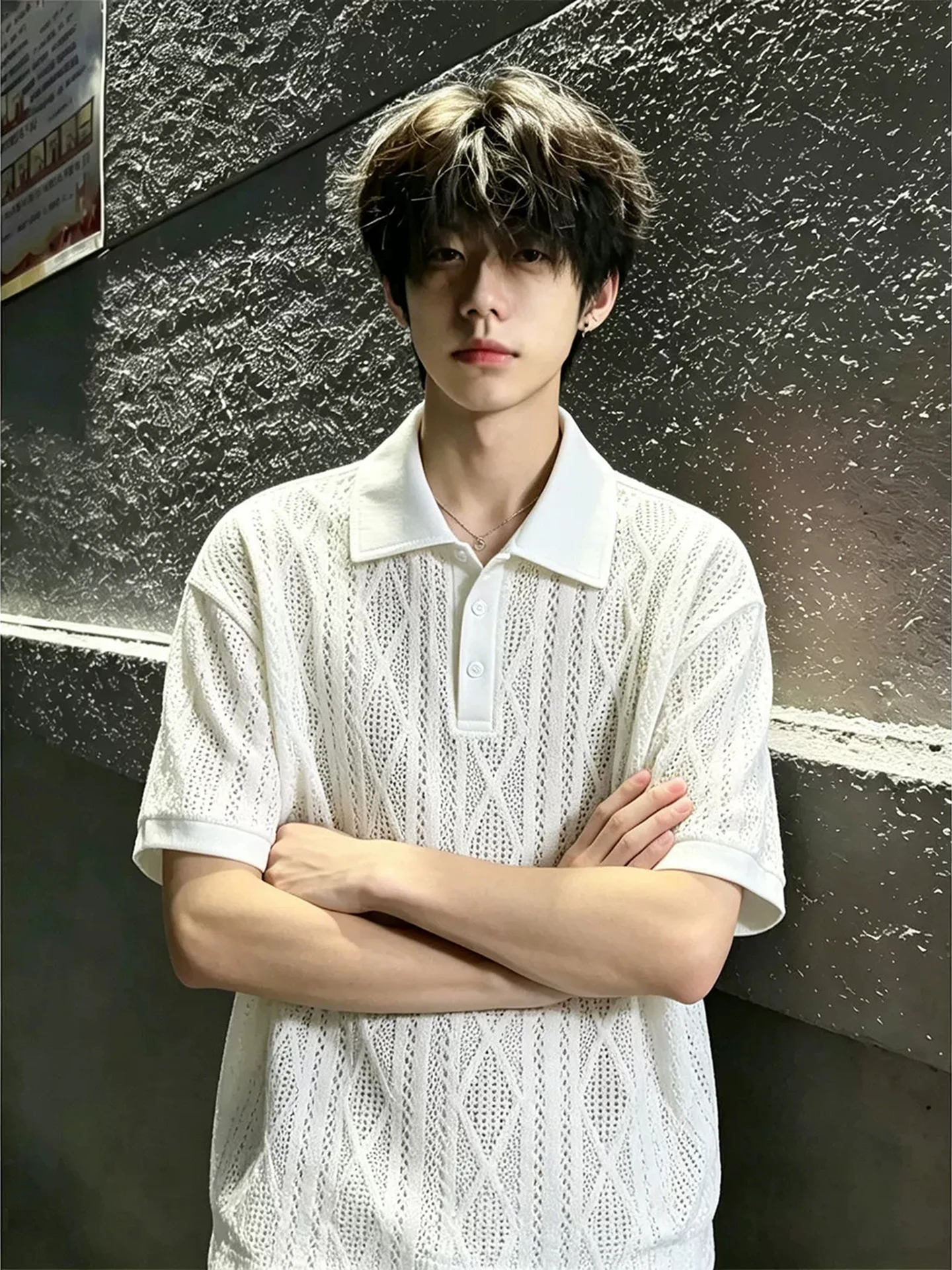 White Hollow out Short Sleeve  Shirt Men's Summer Clean Fit Texture T-Shirt Breathable Soft Comfortable Lightweight Shirt