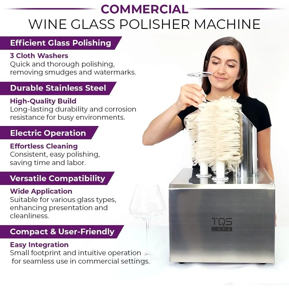 Commercial Wine Glass Polisher Machine - Electric Glass Polishing Machine with 3 Cloth Polishers Stainless Steel Glass Polisher