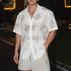 Men Shirt Floral Lace Hollow Out Lapel Short Sleeve Streetwear Sexy Men Clothing 2024 Transparent Fashion Shirts S-5XL INCERUN