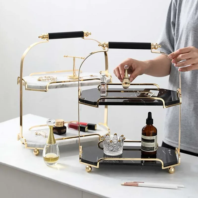 Luxury Nordic Marble Cake Stand 2 Layers Dessert Display Shelf Elegant Afternoon Tea Table with Multi-Functional Storage Tray