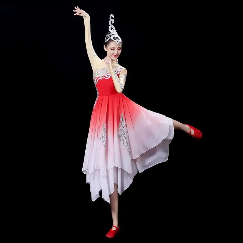 Modern Dance Performance Costume Gradients Dress New Elegant Chinese Style Dancing Dress Red Dance Costume Ethnic Square Dance