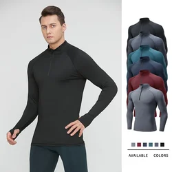 Men's Marathon Running Training T-Shirts Long Full Sleeve Quick-Dry Sports Thumb Holes Tight Tops Tees Sweatshirt Half zipper
