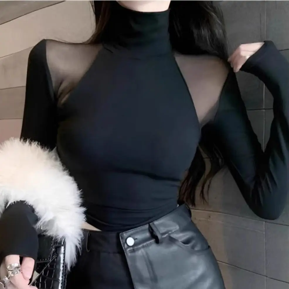 

Sexy Pure Half Turtle Neck Small Mesh Splicing Slim Fit and Velvet T-shirt Base Shirt for Women in Autumn and Winter New Top
