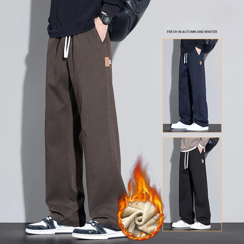 Celana Fleece Pria Musim Dingin Model Lurus Kasual Tebal Berbahan Beludru Hangat dengan Tali Serut Celana Panjang Lebar Merek Pria