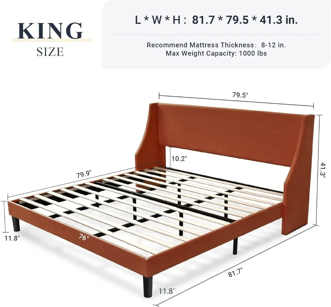 King Size Bed Frame Platform Bed Frame Modern Deluxe Wingback Wood Slat Support Mattress Foundation Burnt Orange