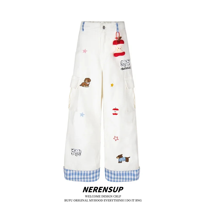 

NERENSUP American Retro 3D Doll Cheered Flip ket Pants Casual Wide Leg Trousers for Men And Women Youthful Spring Sle