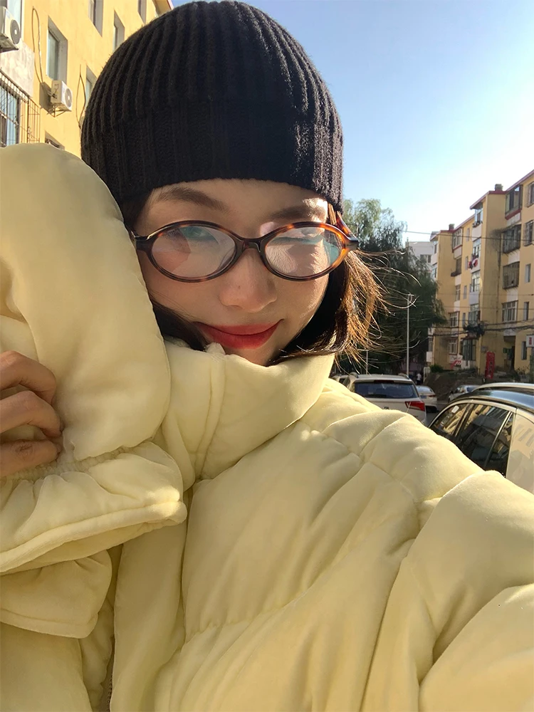 Women's Velvet down Jaet Winter New Sle Small Size Thi Warm Bread Sle Light Yellow Stand Collar Commuter Sle Straig...