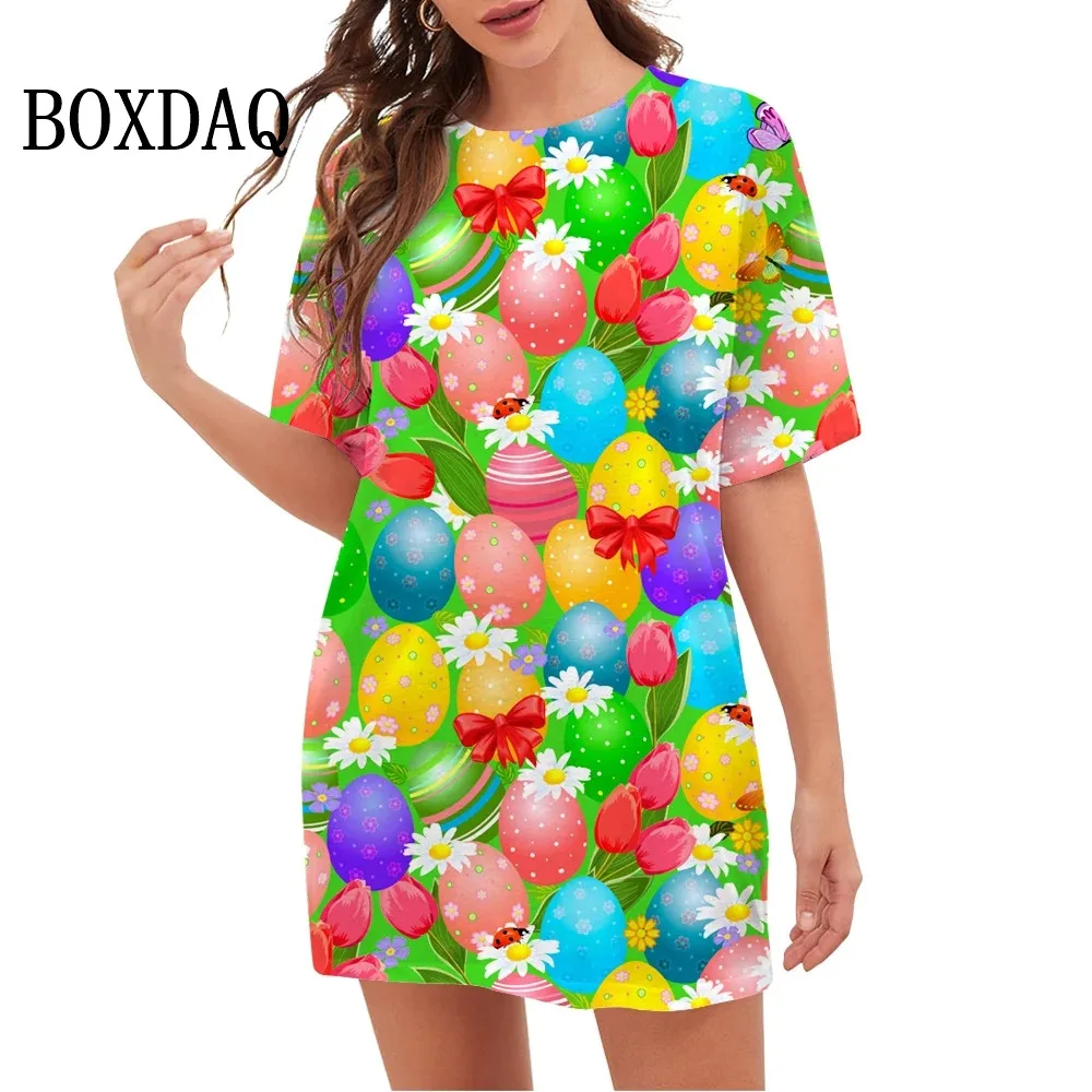 Easter Dress For Women 2023 Short Sleeve Pullover Oversized Street Floral and Eggs Print Mini Dress Summer Fashion Party Clothes