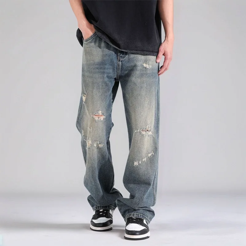 

Японские эластичные джинсы в стиле ретро, мужские осенние мешковатые широкие брюки длиной до пола, прямые длинные брюки, модные рабочие джинсы с дырочками