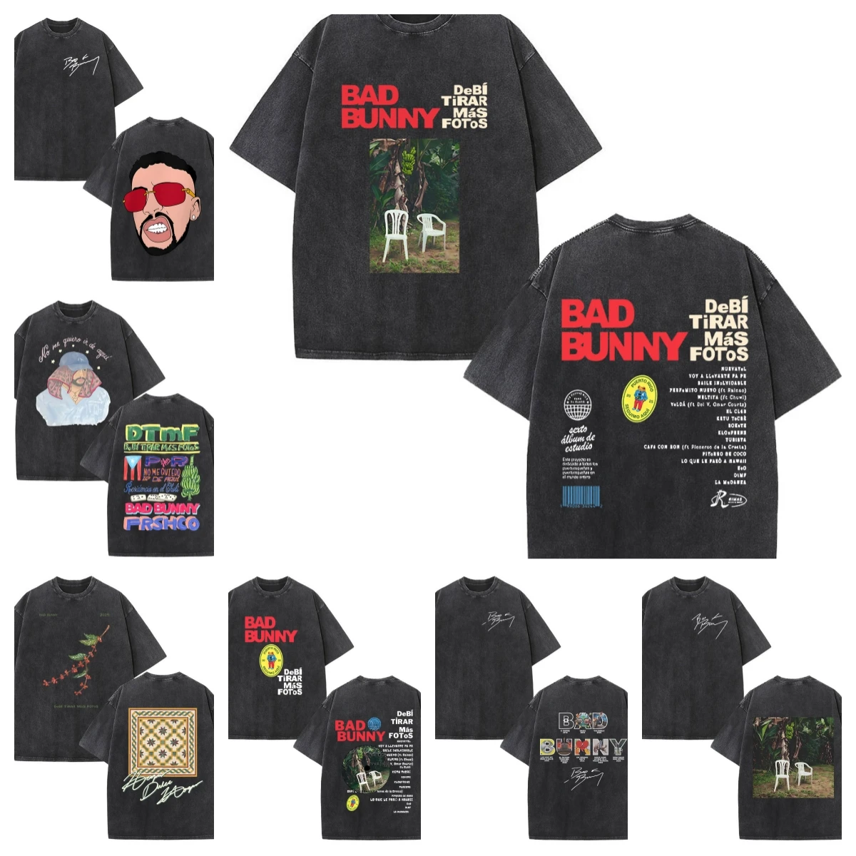 

Black Gray Retro Washed T-shirt with Latin Trendy Style Colorful Graffiti Style Pure Cotton Men Casual and Handsome Enthusiast