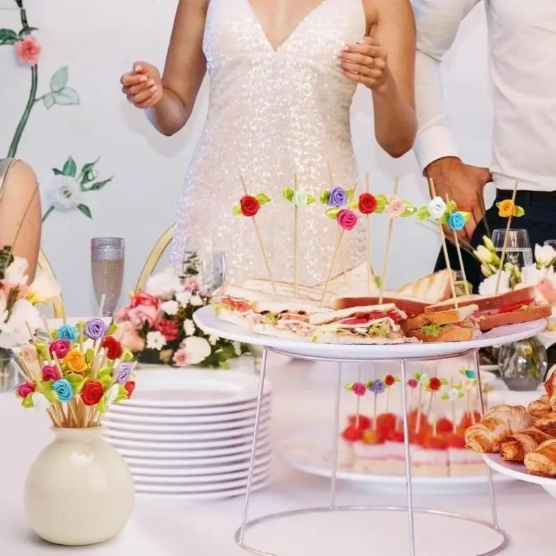 100 Stück Rosen-Bambusstäbchen mit Blättern, rot, blau, weiß, Obstgabeln, Cocktail-Rührstäbchen, Geburtstags-, Hochzeits- und Partydekoration – Detail 13