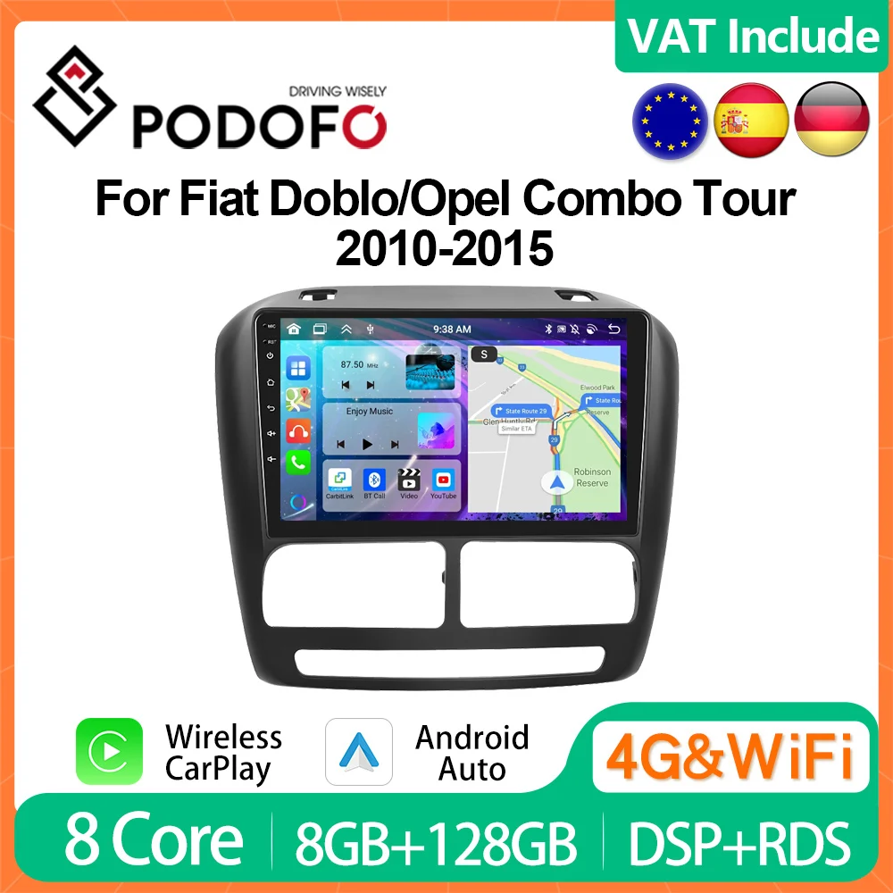 Podofo 9 "autoradio sans fil CarPlay Android Radio pour FIAT Doblo/Opel Combo Tour 2010-2015 multimédia GPS FM 4G WIFI Autoradio