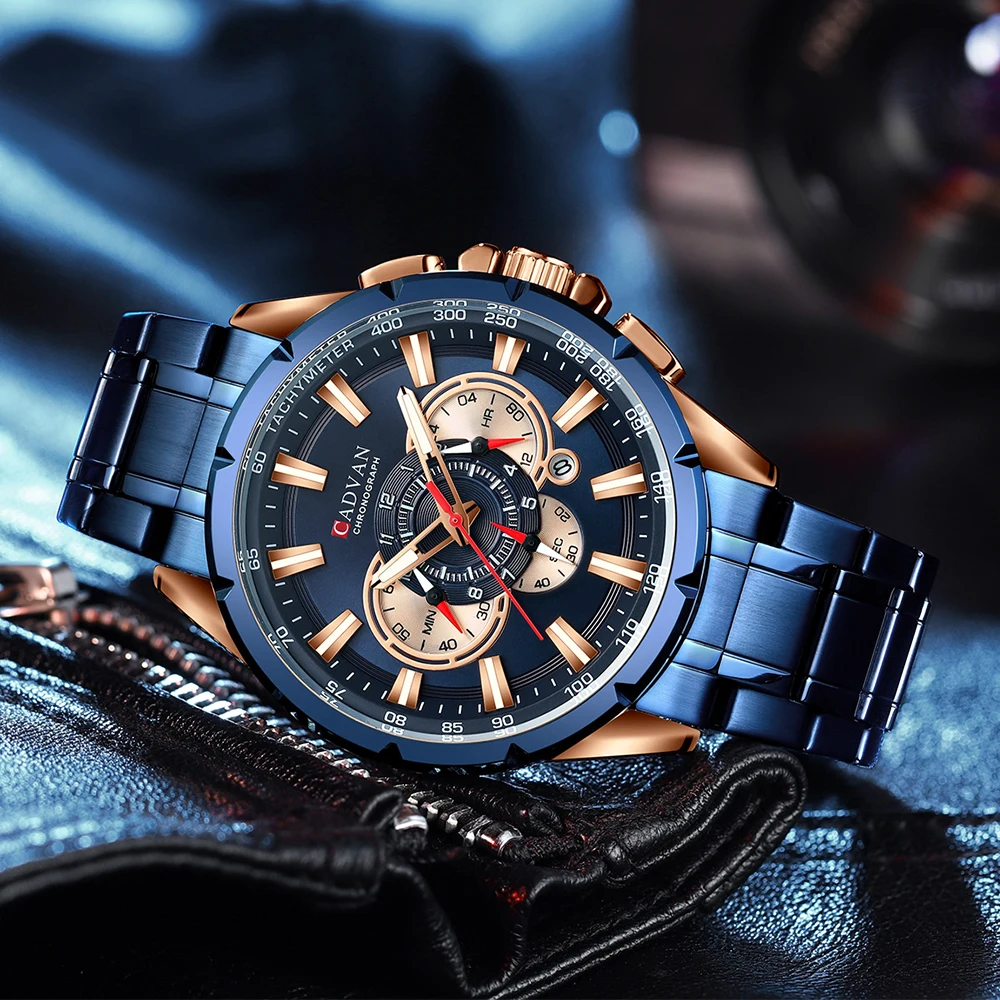 CADVAN Mens Watches Top Brand Luxury Chronograph Quartz Men Watch Waterproof Sport Wrist Watch Men Stainless Steel Male Clock