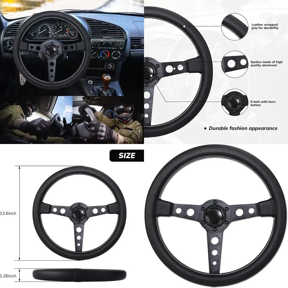 

14-дюймовый гоночный руль, универсальный кожаный руль, черный с шестью отверстиями и звуковым сигналом для MOMO Prototipo