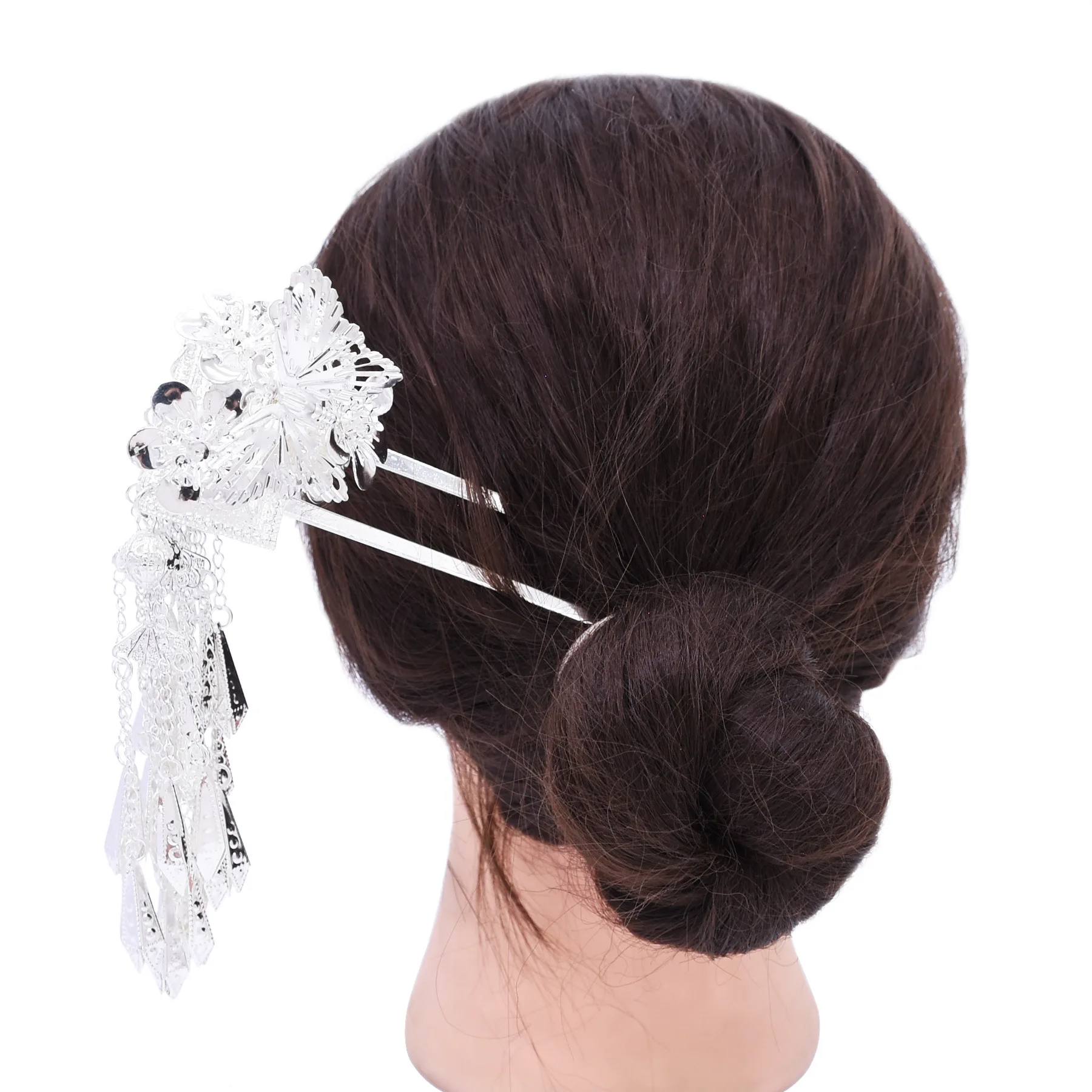 New Silver Plated Long Chains Butterfly Flower Hairpin Fork Traditional Chinese Miao Bridal Wedding Accessories Headwear Jewelry