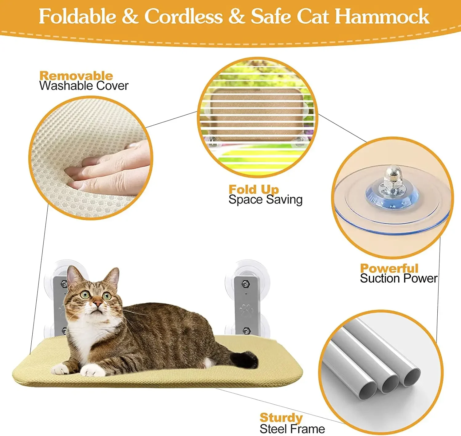 Imagem -03 - Rede de Janela Dobrável sem Fio para Gatos Janela Perch Cat Hammock Ventosas Fortes Camas Windowsill Assento para Gatos Internos Dentro