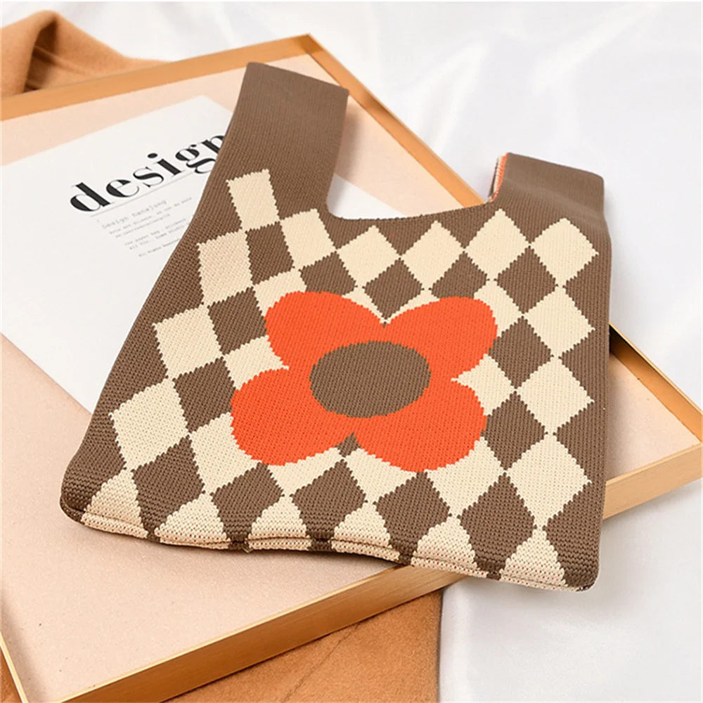 Geometric Flower Knit Handbag Women Korean Casual Plaid Wrist Bag Foldable Eco Shopping Bag Reusable Grocery Storage Tote Bag