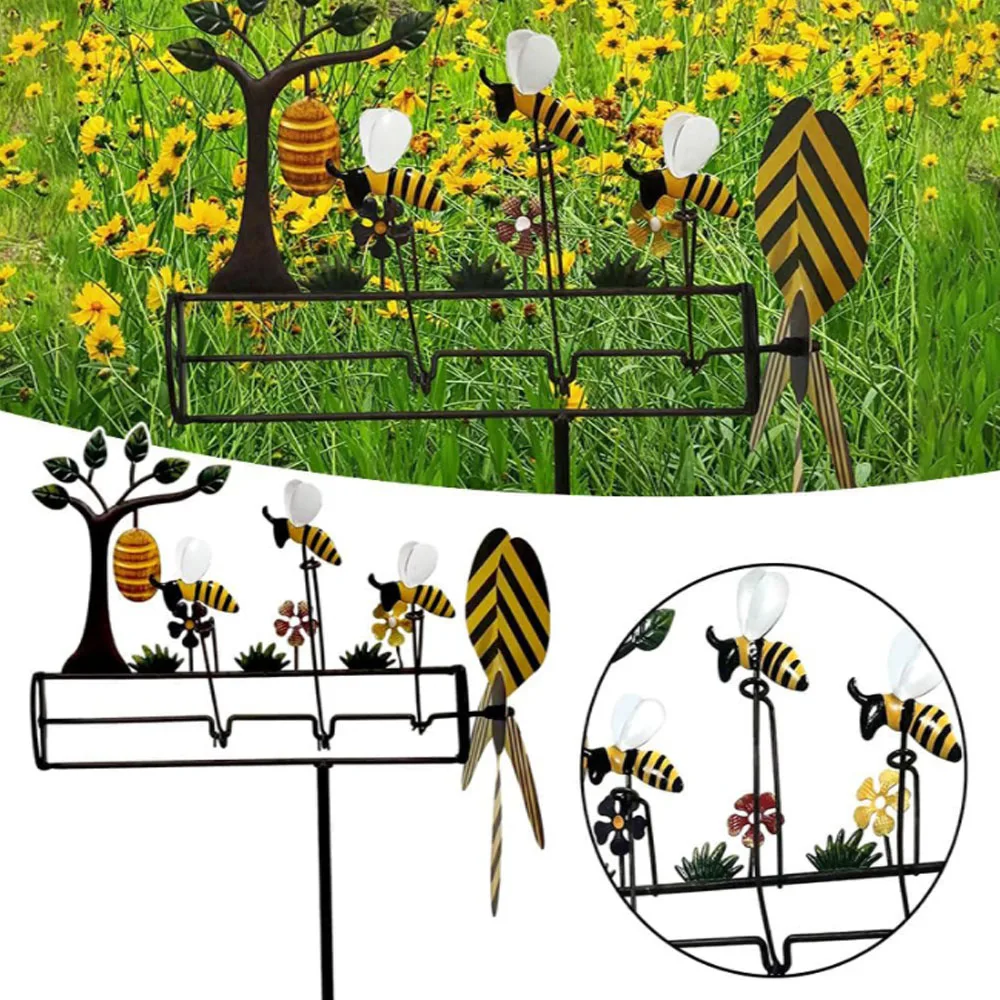 

Lovely Bee Whirligig Wind Spinner 3D Wind Powered Kinetic Sculpture Lawn Metal Wind Solar Spinners Yard and Garden Decor