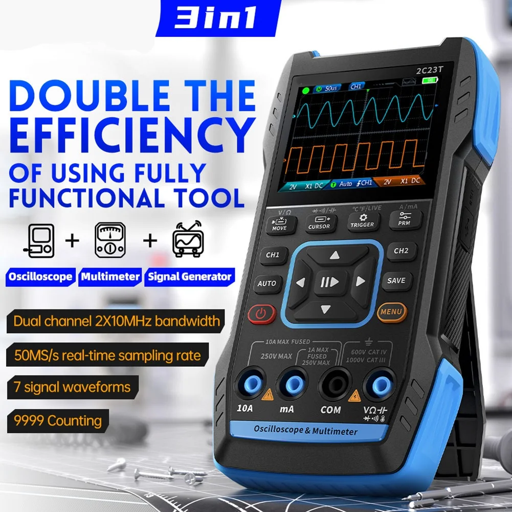 

2C23T Handheld Digital Dual Channel Oscilloscope Multimeter 3in1 Signal Generator Continuity Test and Live Line Detection