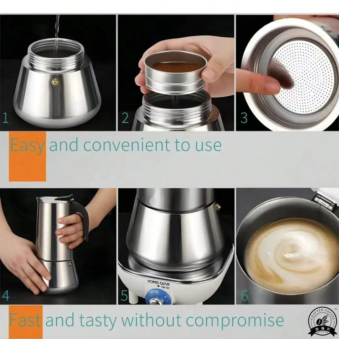 وعاء موكا كلاسيكي من الفولاذ المقاوم للصدأ 4/6. للمنزل/المكتب/الخارج. يعمل على الحث والغاز