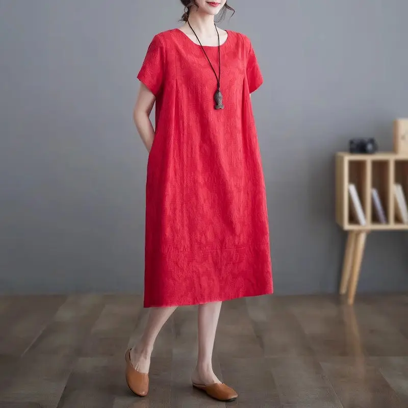 Übergroßes Jacquard-Kurzarmkleid für Damen im Sommer 2025, Sommer |   Atmungsaktives Midi-Freizeitkleid mit lockerer Passform |   Blumenstickerei G749