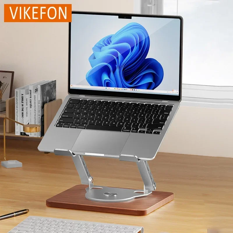 Aluminum Alloy Desktop Breathable Laptop Stand with 360 Rotating Wooden Base Tablet Holder For Macbook Galaxy Tab iPad HP Dell