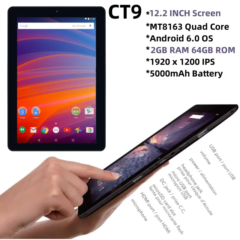 

New 12.2 Inch CT9 Tablet Android 6.0 2GB RAM 64GB ROM MT8163 Quad Core 1920x1200 IPS Mini HD-MI 5000mAh Battery Dual Camera