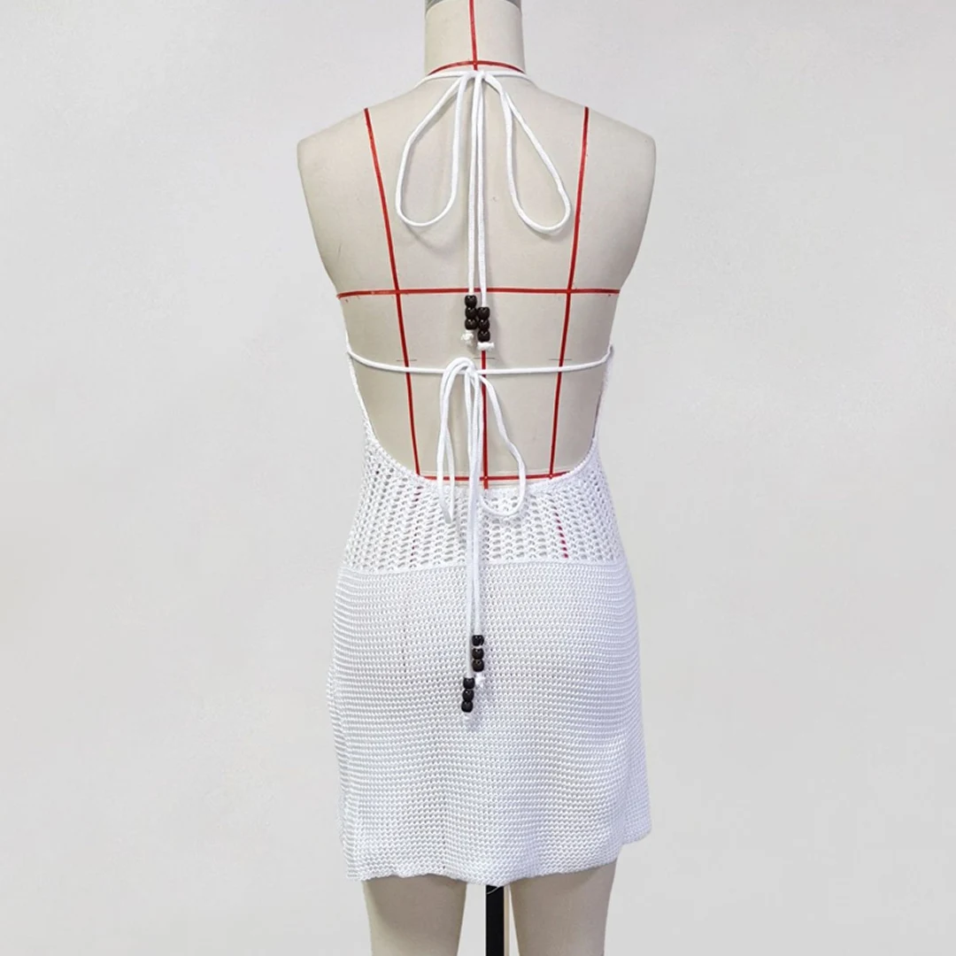 Schlankes, figurbetontes, gehäkeltes, gestricktes Strandkleid für Damen, Neckholder-Minikleid, Sommerkleid mit Ausschnitten, V-Ausschnitt, rückenfrei, sexy Partykleid V6210 – Detail 29