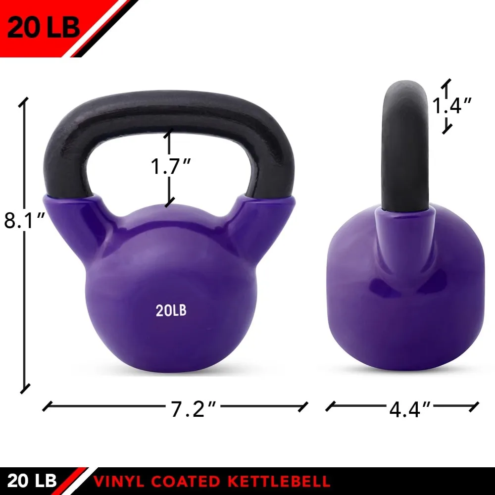 Cardio Workout Kettlebell Weights | Vinyl Coated Solid Cast Iron - Various Weights (5, 8, 10, 12, 15, 20, 25, 30, & 35 lbs)