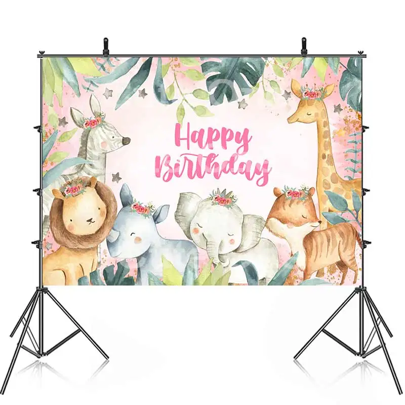 Cute Zoo Animals Birthday Party Backdrop Photography Baby Shower For Pink Blue Jungle Background Banner Custom Name Pic