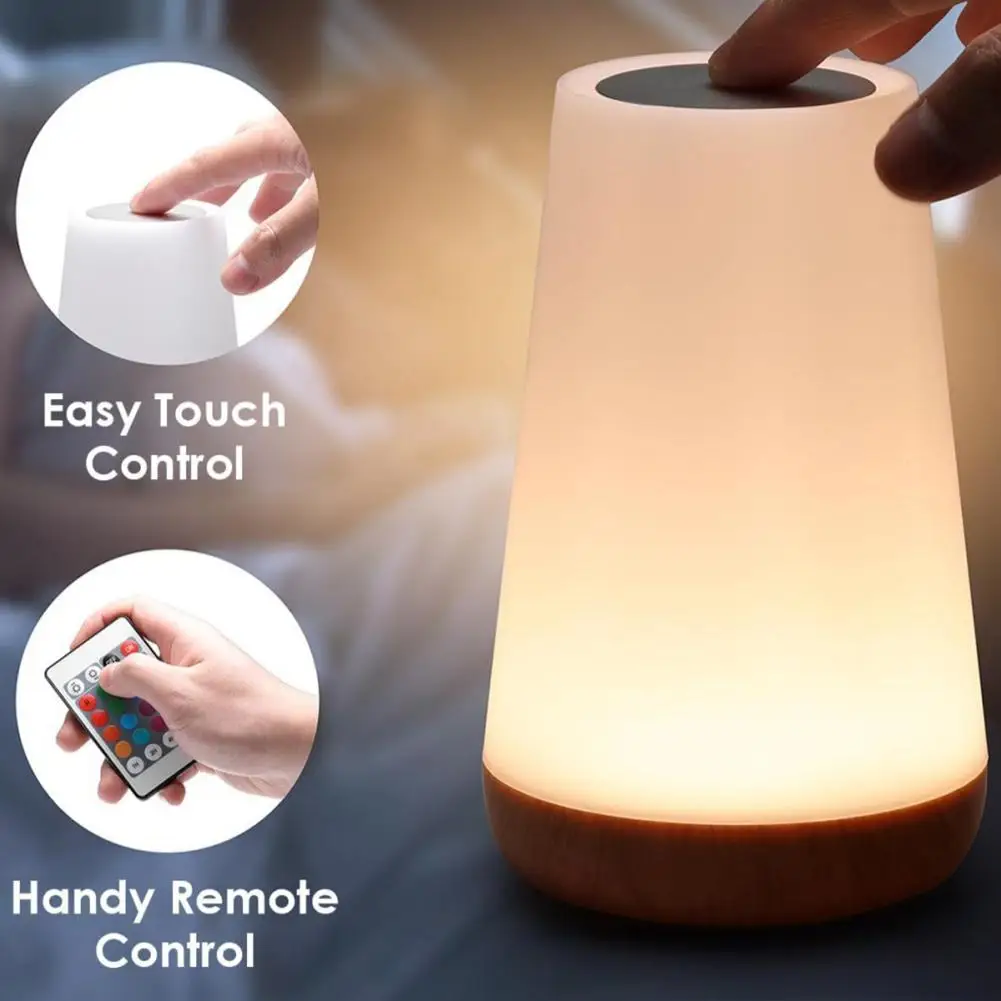 مصباح LED بمستشعر لمس من الخشب الحبوب، 13 لونًا متغيرًا مع جهاز تحكم عن بعد، طاولة بجانب السرير USB قابلة للتعتيم #5