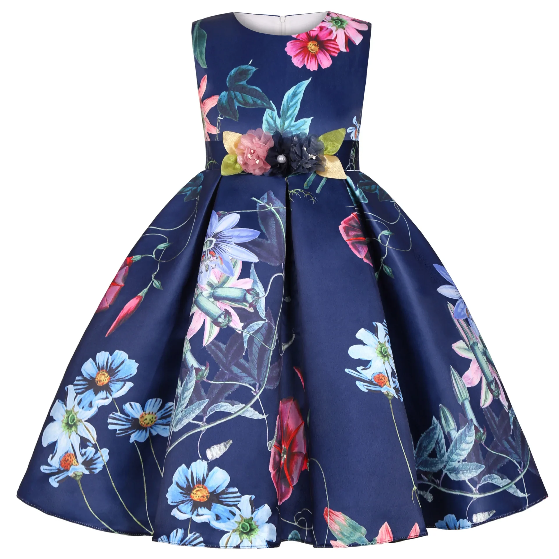 Vestido Floral de satén para niñas pequeñas, ropa de fiesta de princesa de verano, regalo de cumpleaños, sin mangas, 2 a 10 años