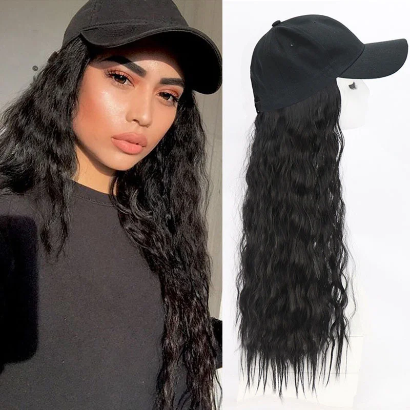 Casquette cap Wig Long Kinky Straight Wig With Hat Synthetic Hair Wigs Naturally Connect Hat Wigs