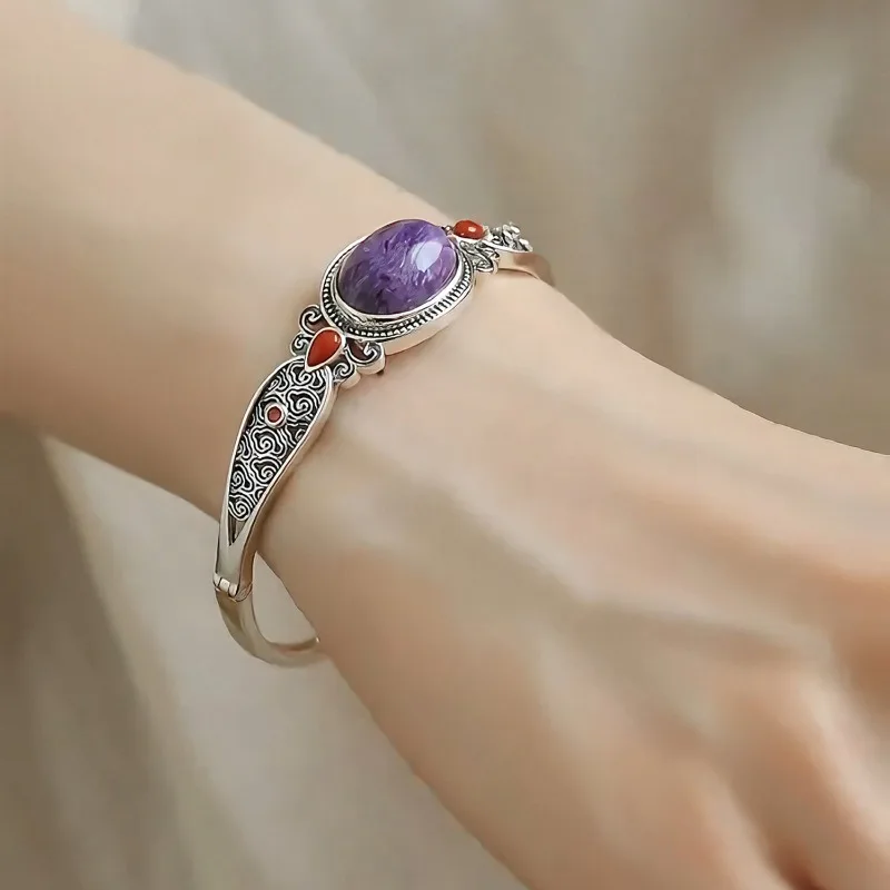 Vintage Purple Auspicious Bangle for Women New Chinese Style Elegant Versatile Butterfly Pattern Handcrafted Bracelet Jewelry
